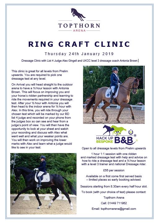The first Dressage Training & Ring Craft clinic details for 2019 are announced.